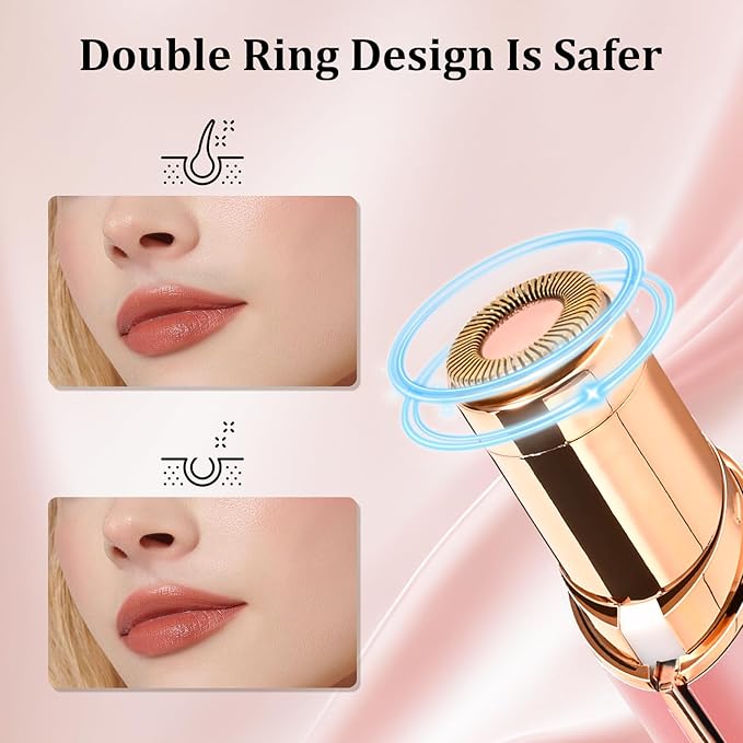 Facial Hair Removal for Women, Portable Painless Hair Remover Device, Rechargeable, with 2 Replacement Heads, for Face, Upper Lip and Chin (Rose god)
