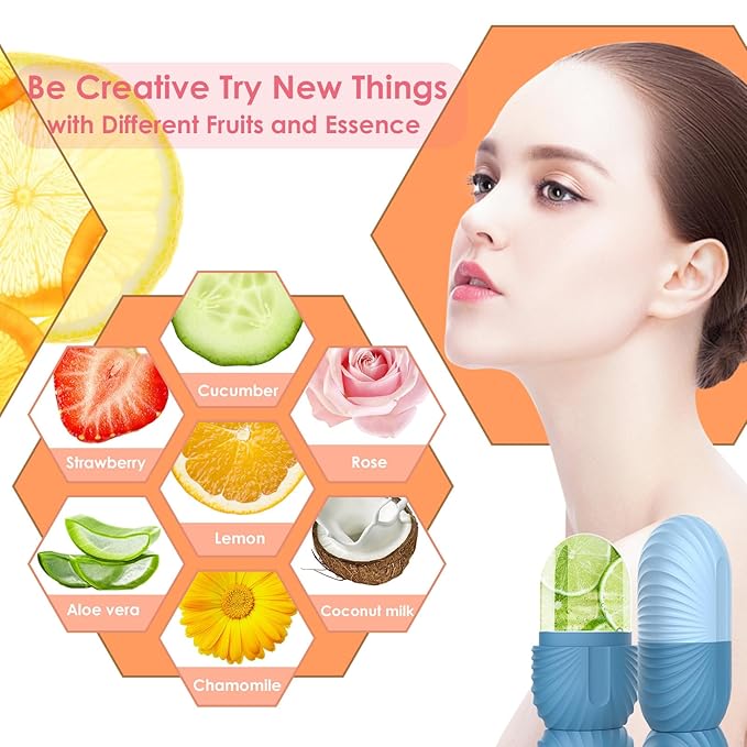 Ice Face Roller, Silicone Facial Ice Roller, Reusable Skin Care Massager Tools for Relieve Puffiness, Tighten Skin, Shrink Pores Shell Blue