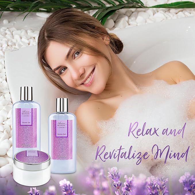 Bath Spa Basket Gift Set, Bath & Body Gift Set for Women, Lavender Scent, Includes Body Lotion, Shower Gel, Bath Salts, Bubble Bath, Bath Fizzers, Bath Oil, Birthday Bath Set Gift Idea
