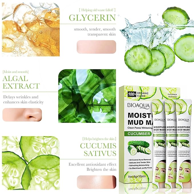 BIOAQUA Cucumber Moisturizing Facial Mud Mask Clean Pores Oil Control Refreshing Face Skin 8g x 10pcs