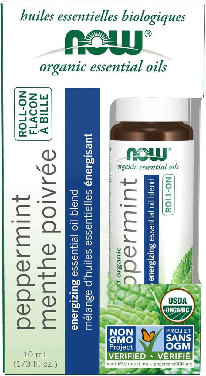 NOW Foods Essential Oils, Peppermint Roll-On, Certified Organic, Energizing Blend, Steam Distilled, Topical Aromatherapy, 10-mL