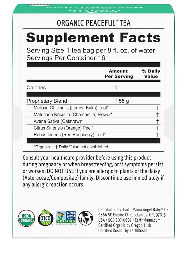 Earth Mama Organic Peaceful™ Tea | Stress Less! Calming, Relaxing Herbal Blend Safe for Pregnancy & Beyond, 16 Teabags Per Box (2-Pack)