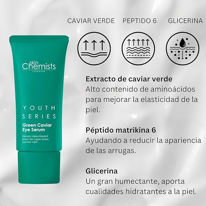 Skin Chemists Anti-Aging Eye Serum, 15ml - Green Caviar Extract & Matrikine Peptide 6 for Under Eye Wrinkle Reduction, Hydrating and Elasticated Skin
