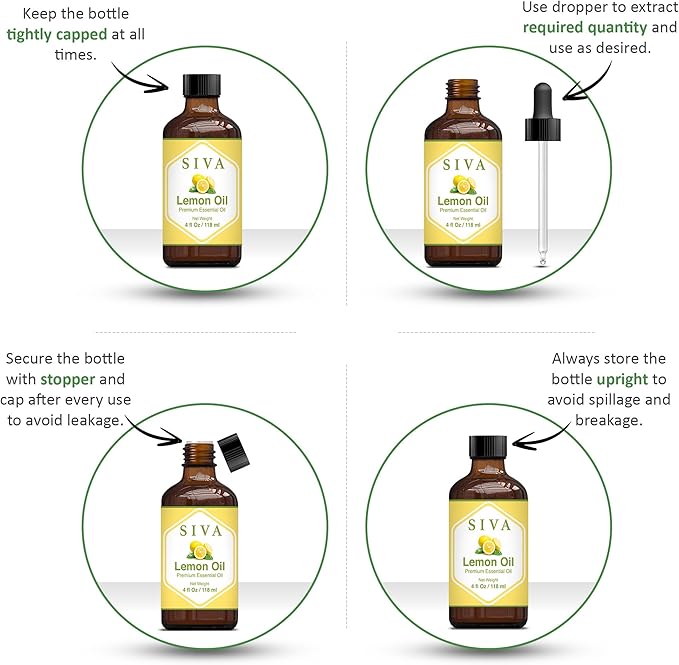 SIVA Lemon Essential Oil - 4 Fl Oz – Natural Lemon Oil - for Diffuser, Face, Skin Care, Aromatherapy, Hair Care, Scalp and Body Massage - with Dropper