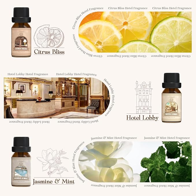 SALUBRITO Hotel Fragrance Oil Set, Luxury Essential Oil Set for Diffuser, Candle, Soap Making Scents, Luxury Night, White Tea, Lemon & Thyme, Citrus Bliss, Hotel Lobby, Jasmine & Mint, Strong Scented