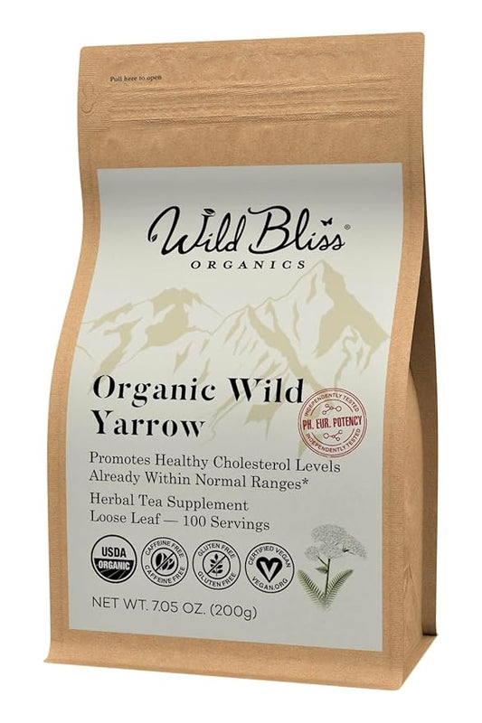 Wild Bliss Organic Yarrow Flower Tea - Caffeine Free Loose Leaf Herbal Tea - Pharmacopoeia Potency - 7 Ounces - 100 Servings