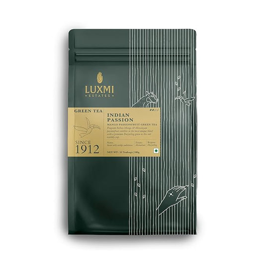 Luxmi Estates - Indian Passion - Organic Mango Passion Fruit Green Tea - 50 Tea Bags | With Mango & Passion Fruit | Brew as Iced Tea or Hot