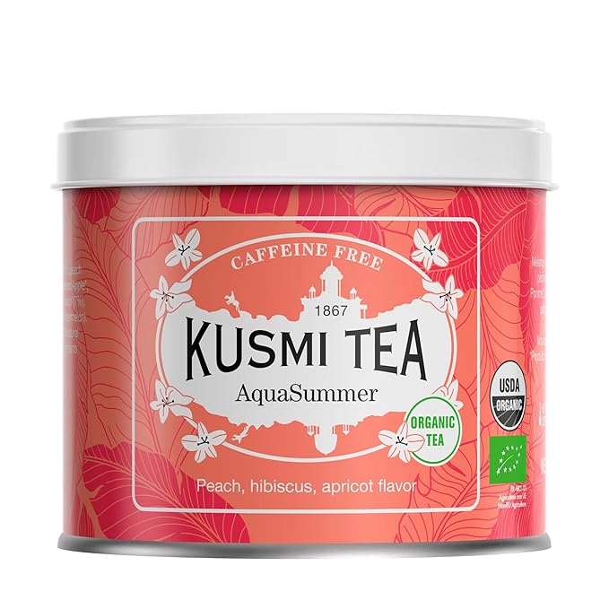 Kusmi Tea - AquaSummer - Organic Blend of Hibiscus, Apple, Apricot & Peach - Caffeine Free Herbal Tea - Enjoy Hot or Iced - Loose Leaf Tea - Tin Box of 3.5 oz - Quantity for about 50 cups