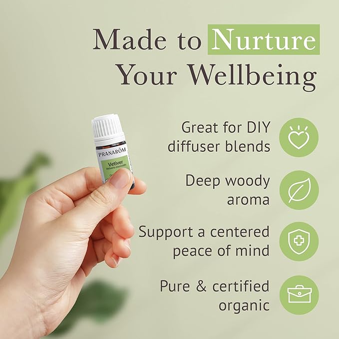 Pranarom USDA Certified Organic Vetiver Essential Oil (5ml), 100% Pure Undiluted Therapeutic Grade from Haiti & Madagascar for Aromatherapy, Diffuser, Calming, Relaxation, DIY, Massage Oil