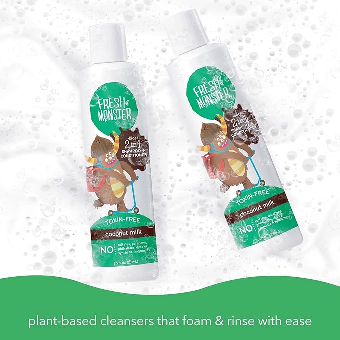 Fresh Monster 2-in-1 Kids Shampoo & Conditioner, Toxin-Free, Hypoallergenic, Tear-free Shampoo & Conditioner for Kids, Coconut (2 Pack, 8.5oz/each)