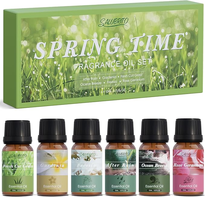 SALUBRITO Spring Fragrance Oils Set, Premium Essential Oils for Diffuser, Candle, Soap Making, After Rain, Gardenia, Fresh Cut Grass, Ocean Breeze, Freesia, Rose Geranium, Strong Scented Oils
