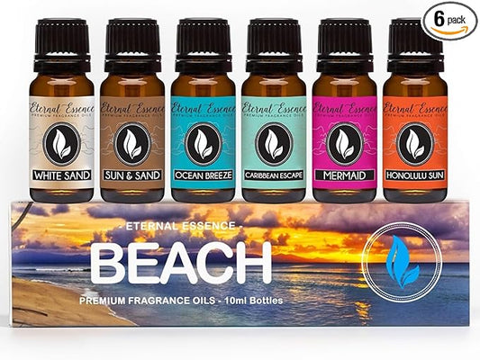 Eternal Essence Oils Beach Set of 6 Premium Fragrance Oils - Includes White Sand, Ocean Breeze, Honolulu Sun, Mermaid, Caribbean Escape, and Sun & Sand Scented Oils - 10ML