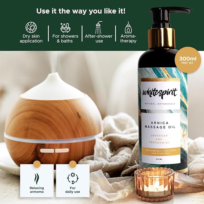 Arnica Massage Oil for Massage Therapy by WHITESPIRIT Sore Muscle Massage Oil for Body, Lavender & Peppermint, Infused with Collagen & Stem Cell, 10oz/300ml