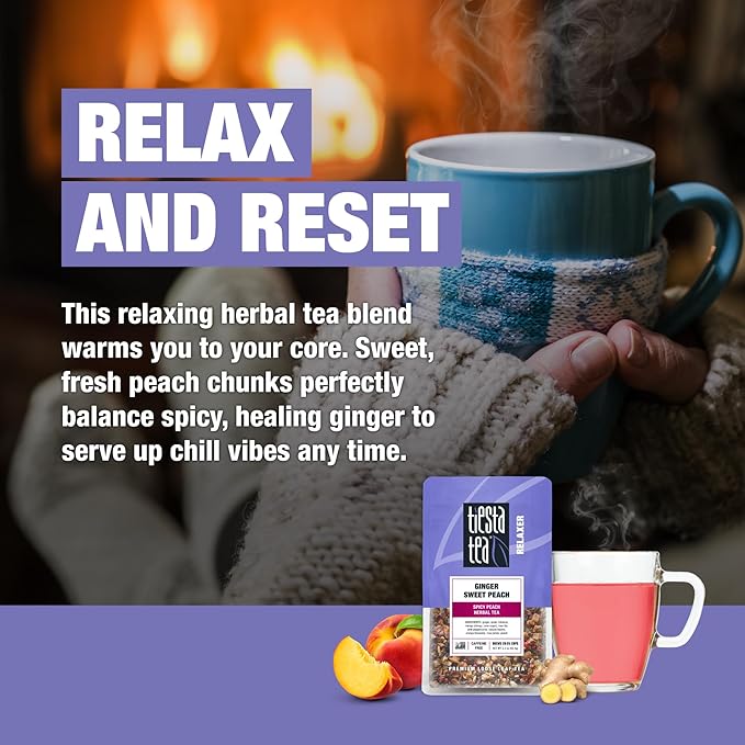 Tiesta Tea - Ginger Sweet Peach | Loose Leaf | Spicy Peach Herbal Tea | Non-Caffeinated Tranquility Blend | Bulk Herbal Leaves with Hibiscus & Cane Sugar | 25 Cups | 2.2 Ounce Resealable Pouch