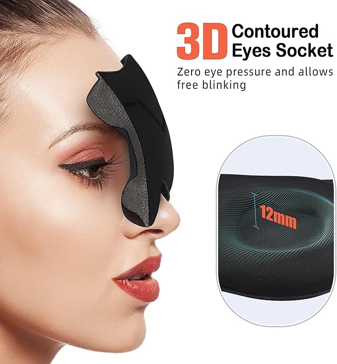 Sleep Eye Mask for Men Women 3D Contoured Cup, Concave Molded, Block Out Light, Molded Soft Comfort Eye Shade with Adjustable Strap (KT-Black, 1 Count (Pack of 1))