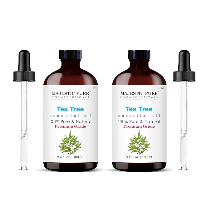 MAJESTIC PURE Tea Tree Essential Oil with Glass Dropper | 100% Pure and Natural Tea Tree Oil | Premium Grade Essential Oils for Diffusers, Skin, Aromatherapy, Massage | 3.4 Fl Oz (Pack of 2)