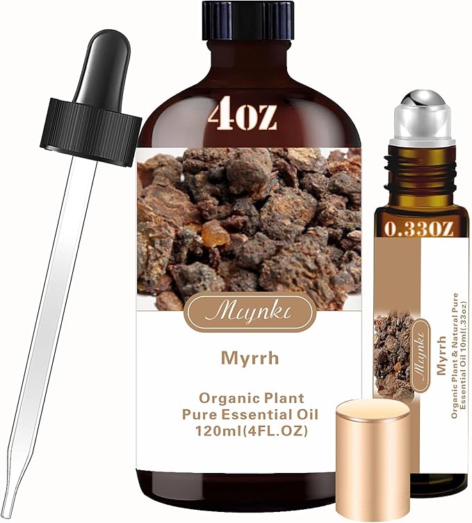 4 Fl Oz/120 ml Myrrh Essential Oil, Send Gift Roll-on (10 ml) - 100% Natural, Aromatherapy, Diffuser, Massage, Yoga, DIY Soap and Candle Making, Fragrance Oils, Spa Skin Care