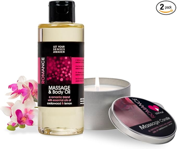 LOVE PLAY Set Massage Oil & Body Oil Set with a Blend of Cedarwood & Lemon Essential Oils – Relaxing Aromatherapy for Skin & Body Care