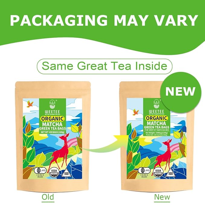 WT WEETEE Organic Matcha Green Tea Bags, Organic Japanese Matcha + Sencha Green Tea Blend 100 Pyramid Sachets, Easy & Quick to Brew for Cold or Hot
