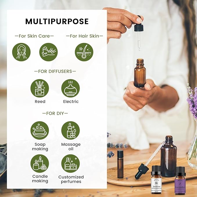 yethious Jasmine Lavender Essential Oil Set Organic Pure for Jasmine Essential Oil for Diffuser & Aromatherapy Lavender Oil Set