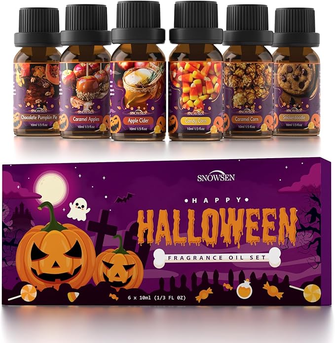 Halloween Fragrance Oil Set, Scented Oils for Diffuser, Candle & Soap Making - Chocolate Pumpkin Pie, Caramel Apples, Candy Corn, Apple Cider, Caramel Corn,Snickerdoodle, 6x10ml