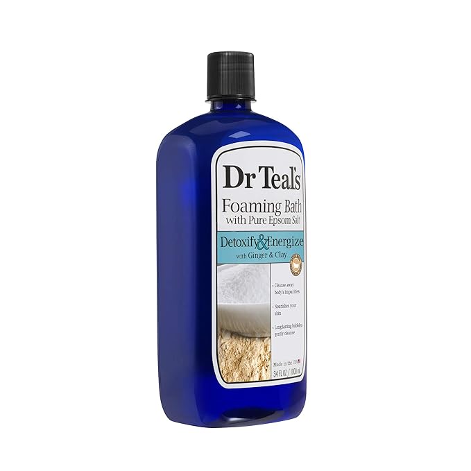 Dr Teal's Epsom Salt Detoxify and Energize Your Skin with Ginger and Clay Foaming Bath - 34 Oz - Moisturize Your Skin, Relieve Stress and Sore Muscles, Long Lasting Bubbles