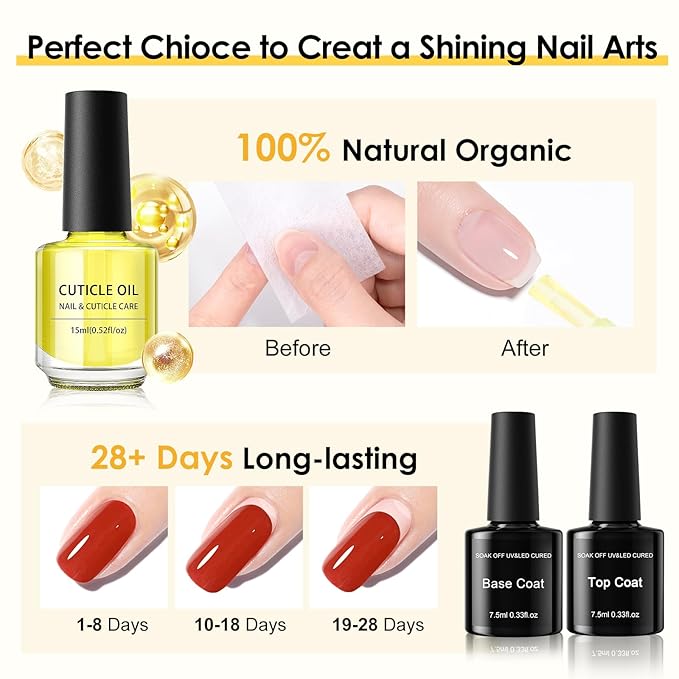 Cuticle Oil 2 Pcs 15ml with Gel Top Coat Base Coat 2 Pcs 7.5ml - Hydrating Moisturizing Nail Cuticle Oil for Nails Damage Dry Cuticle Long Lasting No Wipe Base Top Coat Gel