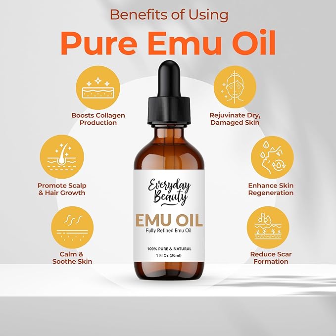 Pure Australian Emu Oil - All Natural 6X Refined for Face, Skin and Hair - Highly Effective Hydration for Sensitive Skin & Hair Growth Perfect for Scars & Blemishes - 1 Fl Oz Glass Bottle & Dropper