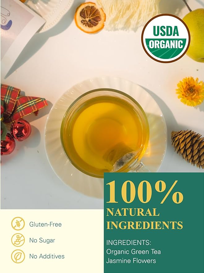 GLDNT Organic Jasmine Green Tea Bags, Organic Green Tea Scented with Jasmine Flowers, Floral Aroma & Smooth Taste, 100 Count