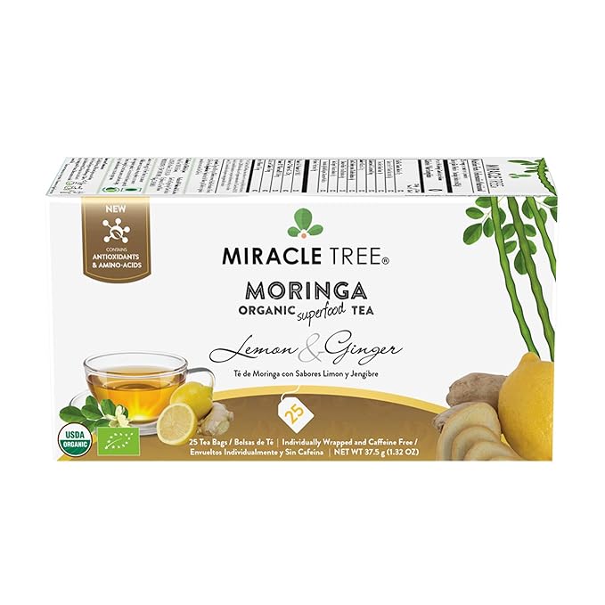 Miracle Tree - 3 Count of Organic Moringa Superfood Tea, 25 Individually Sealed Tea Bags, Lemon & Ginger (Keto, Detox, Energy/Immunity Booster, Vegan, Gluten-Free, Organic, Non-GMO, Caffeine-Free)