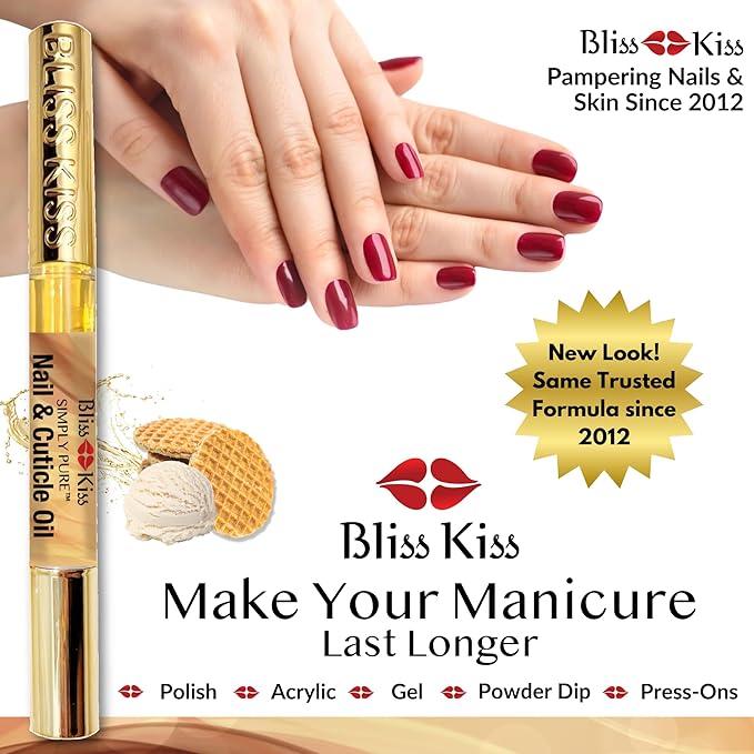 Bliss Kiss | 1 Vanilla Fragrance | Nail Oil Cuticle Pen w/Vitamin E & Jojoba⏤Nail Strengthener Nail Growth Serum for Brittle Peeling Breaking Thin Nails
