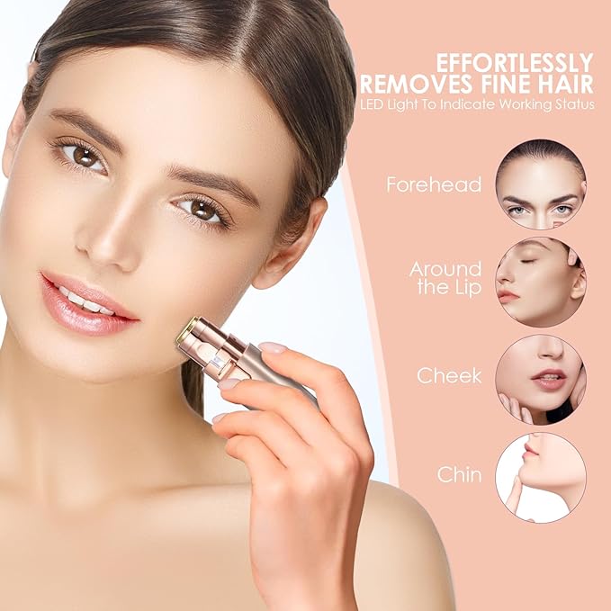 Eyebrow & Facial Trimmer: 2 in1 Rechargeable Facial Hair Removal & Eyebrow Shaver - Body Razor with Built-in LED Light (Rose Gold)
