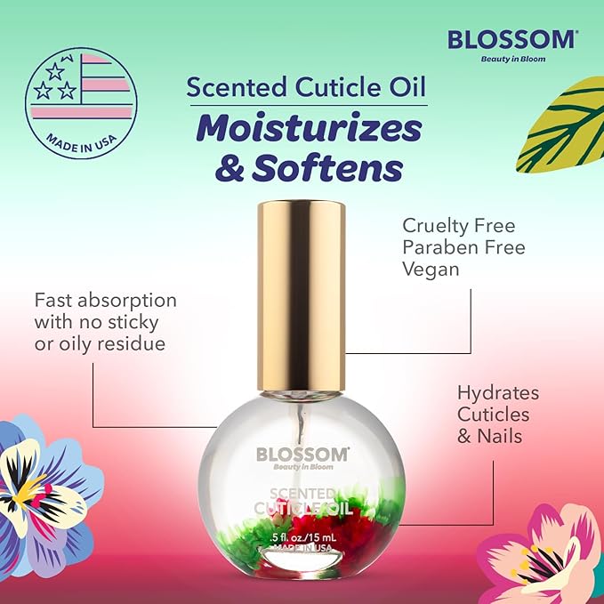 Blossom Hydrating, Moisturizing, Strengthening, Scented Cuticle Oil, Infused with Real Flowers, Made in USA, 2 Pack Bundle, Grape + Watermelon