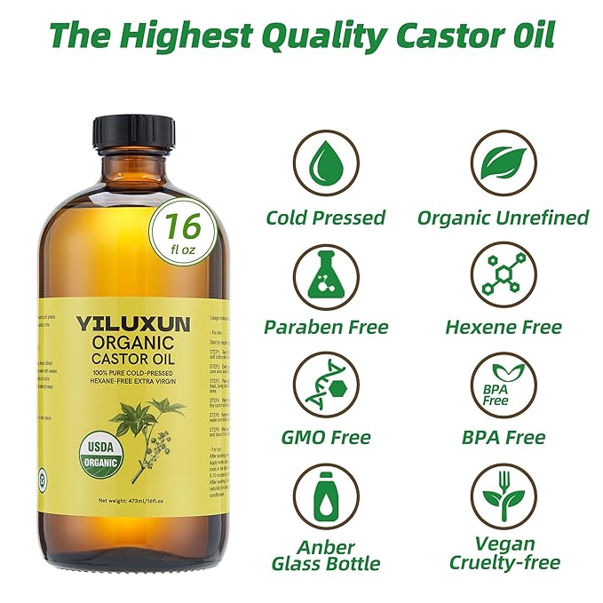 50Pcs Castor Oil Pack Wrap with 16oz castor oil Organic Cold Pressed Unrefined Glass Bottle,Disposable castor Oil Patches for Belly Button,Stomach,Knee,Feet,Entire Body