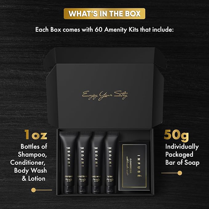 Infuse Black Amenity Kit | Boxed Hotel Toiletries | Bulk Set 1 oz Travel Size Shampoo, Conditioner, Lotion, Body Wash & Cleansing Bar for Guest Hospitality Hotel/Vacation Rentals | 300 Pieces