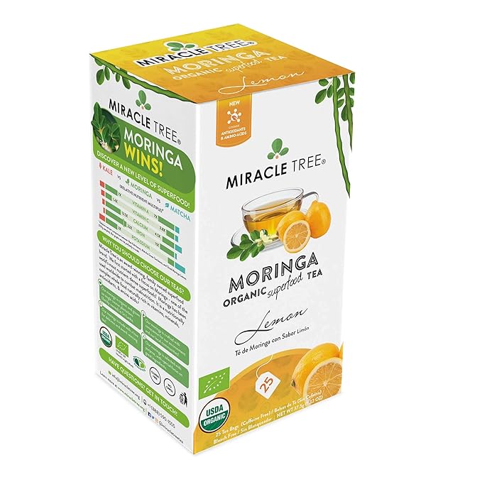 Miracle Tree - 3 Count of Organic Moringa Superfood Tea, 25 Individually Sealed Tea Bags, Lemon (Keto, Detox, Energy/Immunity Booster, Vegan, Gluten-Free, Organic, Non-GMO, Caffeine-Free)