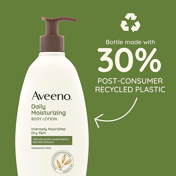 Aveeno Daily Moisturizing Body Lotion with Soothing Prebiotic Oat, Gentle Lotion Nourishes Dry Skin With Moisture, Paraben-, Dye- & Fragrance-Free, Non-Greasy & Non-Comedogenic, 12 fl. Oz (Pack of 2)