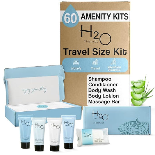 H2O Therapy Amenity Kit | Hotel Bulk Toiletries | 0.85 oz Shampoo, Conditioner, Lotion, Body Wash, Body Bar Soap for Guest Hospitality Vacation Rentals | 60 Sets/Case