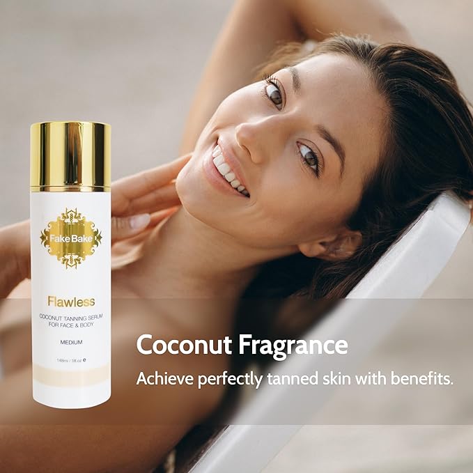 Fake Bake Flawless Coconut Sunless Tanning Serum with Hyaluronic Acid Lightweight Illuminating Face & Body Gradual Self Tanner - Hydrating & Rejuvenating Skin Care for Women & Men - 5 oz