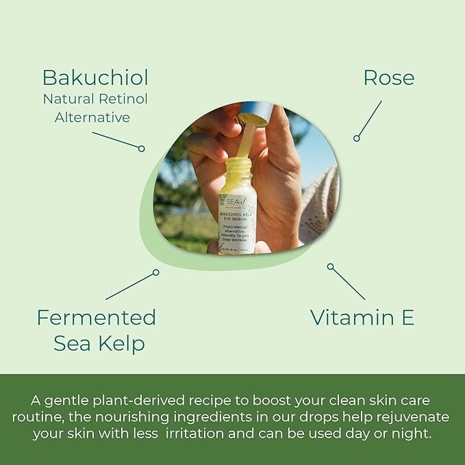 Bakuchiol Kelp Eye Serum Plant-Based Skincare Naturally Boosts Under Eye Glow Targets Deep Wrinkles & Supports Smooth Skin - Retinol Alternative for Women or Men, Vegan - .5 oz