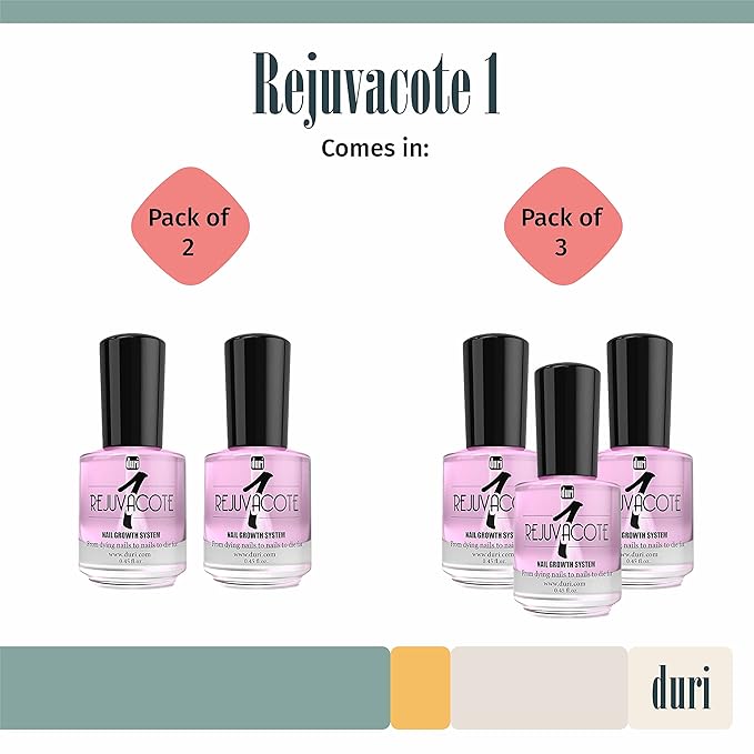 duri Rejuvacote 1 Nail Growth System - Original Maximum Strength Formula - Nail Strengthener and Nail Growth - Base and Top Coat - Pack of 3 - 0.45 fl. oz.