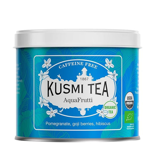 Kusmi Tea - AquaFrutti - Organic Blend of Hibiscus, Pomegranate, Apple, Blackcurrant & Goji Berries - Caffeine Free Tea - Enjoy Hot or Iced - Loose Leaf Tea - Tin Box of 3.5 oz for about 50 cups