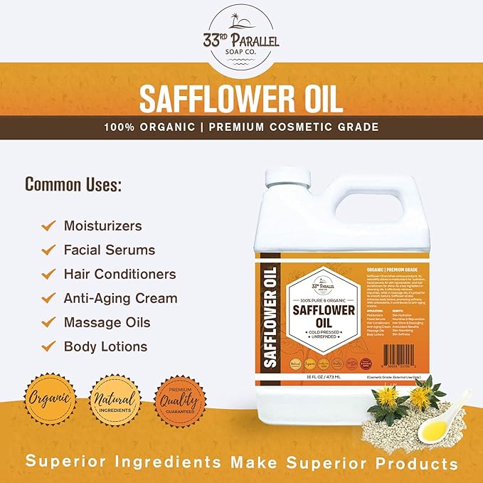 Organic Safflower Oil (16 oz) Premium Cold Pressed Unrefined | 100% Pure Safflower Oil for Skin, Face, Hair, Soap Making | Carrier for Essential Oils | Available in Bulk | 16 FL OZ