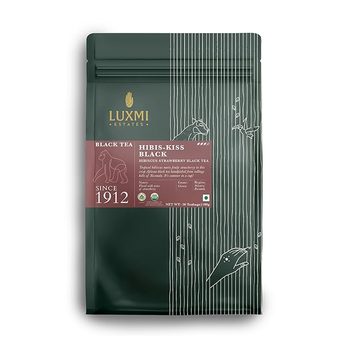Luxmi Estates - Hibis-Kiss - Organic Hibiscus Tea - 50 Tea Bags | With Hibiscus, Strawberry, Organic Black Tea and Other Natural Extracts | Juicy, Triopical and Fresh