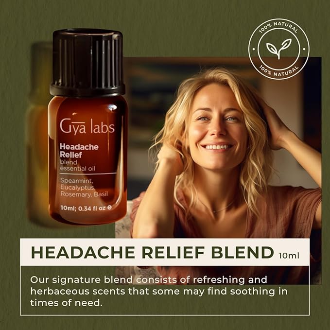Gya Labs Headache Essential Oil Blend for Diffuser, Aromatherapy, Massage & DIY - 100% Pure Natural Ingredients of Spearmint, Rosemary & Eucalyptus (0.34 Fl Oz)