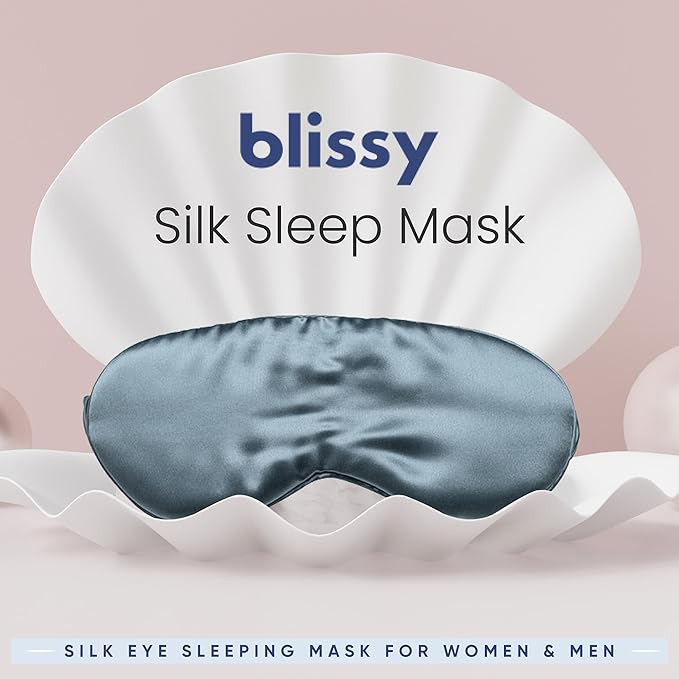Blissy Silk Sleep Mask - Silk Eye Sleeping Mask for Women & Men for Total Blackout - 100% Pure Mulberry Silk, 22 Momme 6a Fibers - Blindfold Silk Sleep Mask Side Sleeper Eye Cover (Ash Blue)