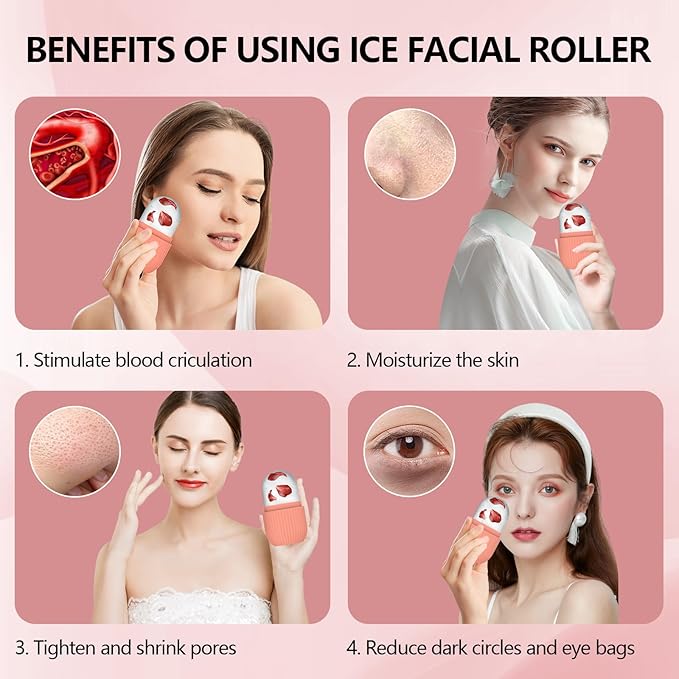 Ice Roller for Face and Eye, Silicone Ice Facial Roller Ice Holder, Face Ice Mold Skin Care, Face Icers Reusable Ice Cube Roller for Shrink Pores Anti Wrinkle Reduce Puffiness, Pink