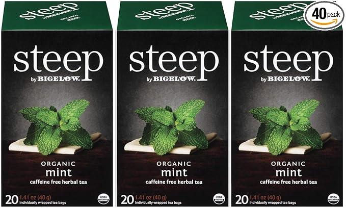 steep Organic Mint Caffeine Free Herbal 20 Count Box (Pack of 3), Certified Organic, Gluten-Free, Kosher Tea in Foil-Wrapped Bags