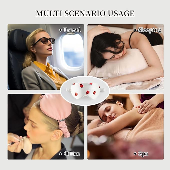 THXSILK Sleep Mask 100% 19 Momme Pure Mulberry Silk Super Smooth Cooling Decorative Sleep Eye Mask Blackout Eye Cover with Wide Head Strap, Strawberry-White