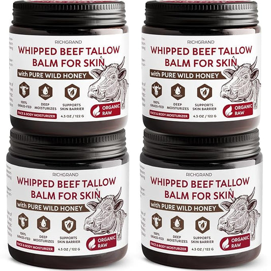 Beef Tallow for Skin, 4 Pack (17.2 fl oz) - Whipped Grass-Fed Moisturizer with Wild Honey & Beeswax, Natural Face & Body Care, Deep Hydration, Anti-Aging, Sensitive Skin Safe